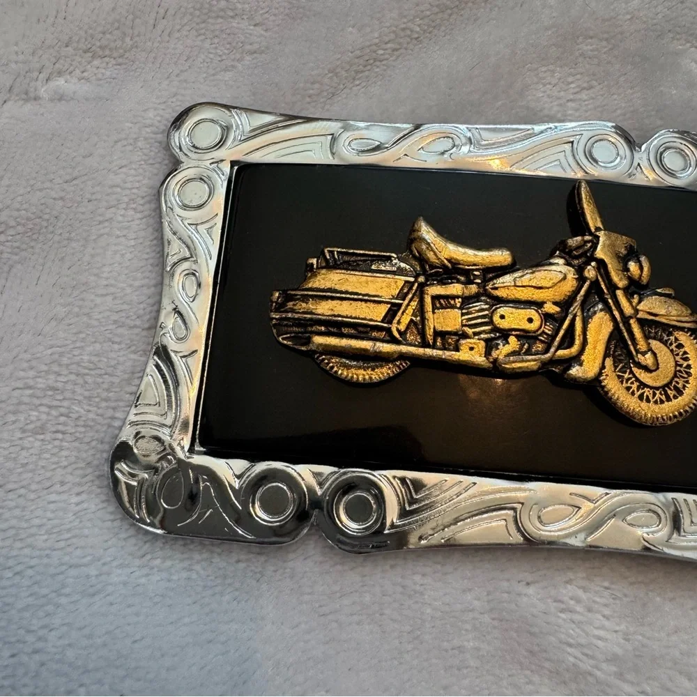 Vintage Baun Belt Buckle Motorcycle‎ Design Black Enamel Silver Frame 3.5”